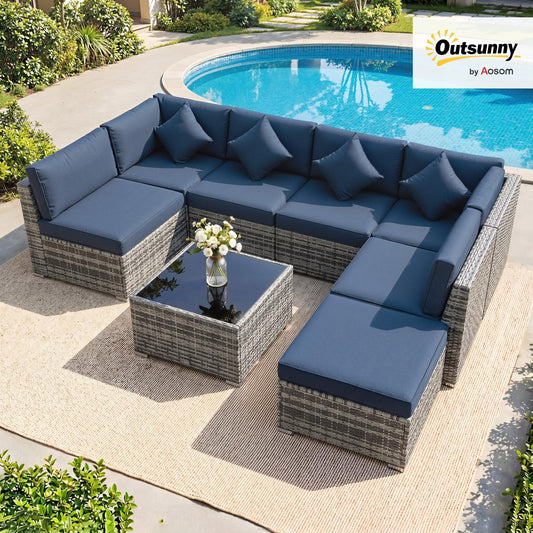 Outsunny 8-Piece Modular Rattan Corner Sofa Set with Glass Coffee Table