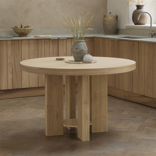 Marlon Whitewash Oak Round Dining Table Set - 4 Seater - Freya Sand Dining Chairs - Whitewash Oak Legs