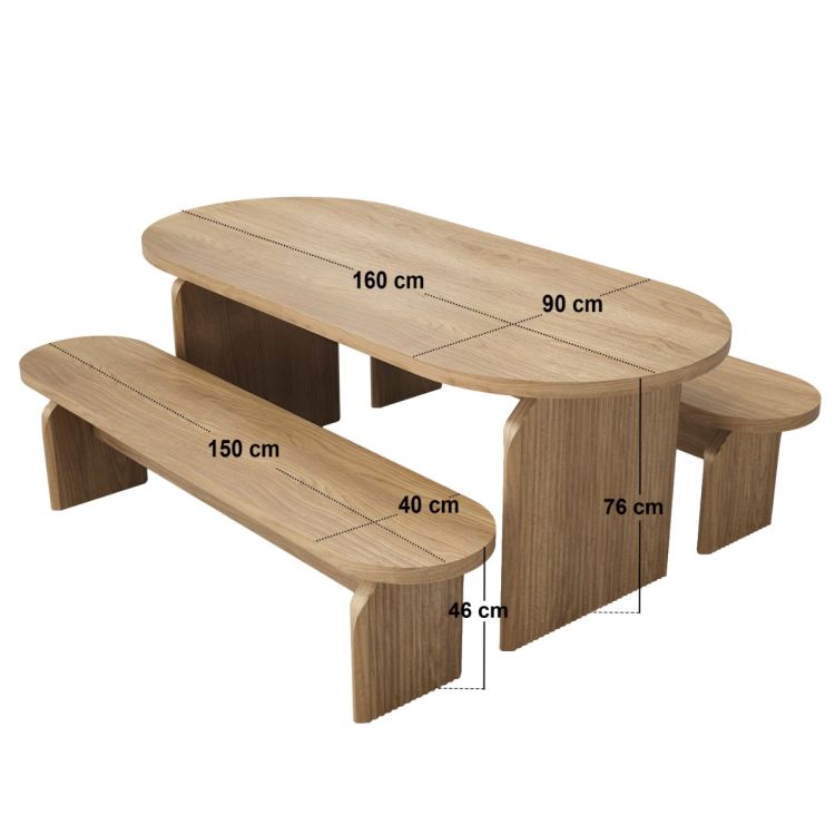 SOLACE+CO Varm Ribbed Oval Dining Table & 2 Bench Set Oak