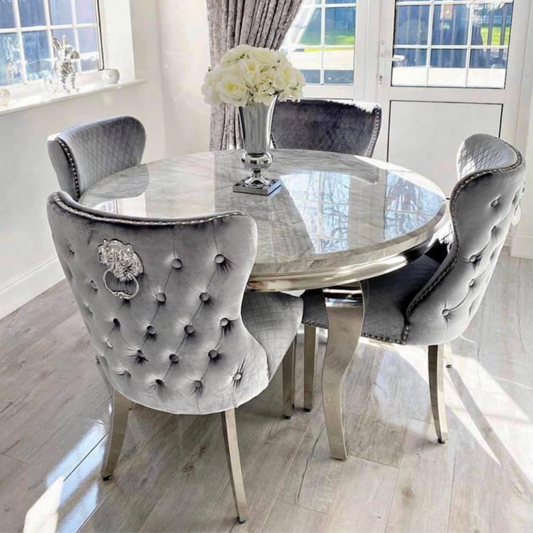 Louis marble 130Cm Round Dining Set With 4 Lewis Button Back Lion Chairs (Pewter As Shown)