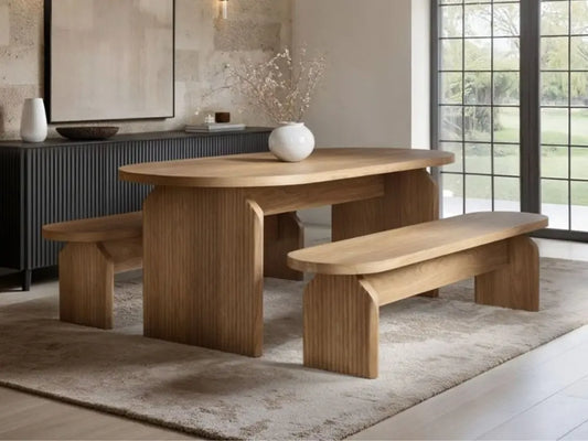 SOLACE+CO Varm Ribbed Oval Dining Table & 2 Bench Set Oak