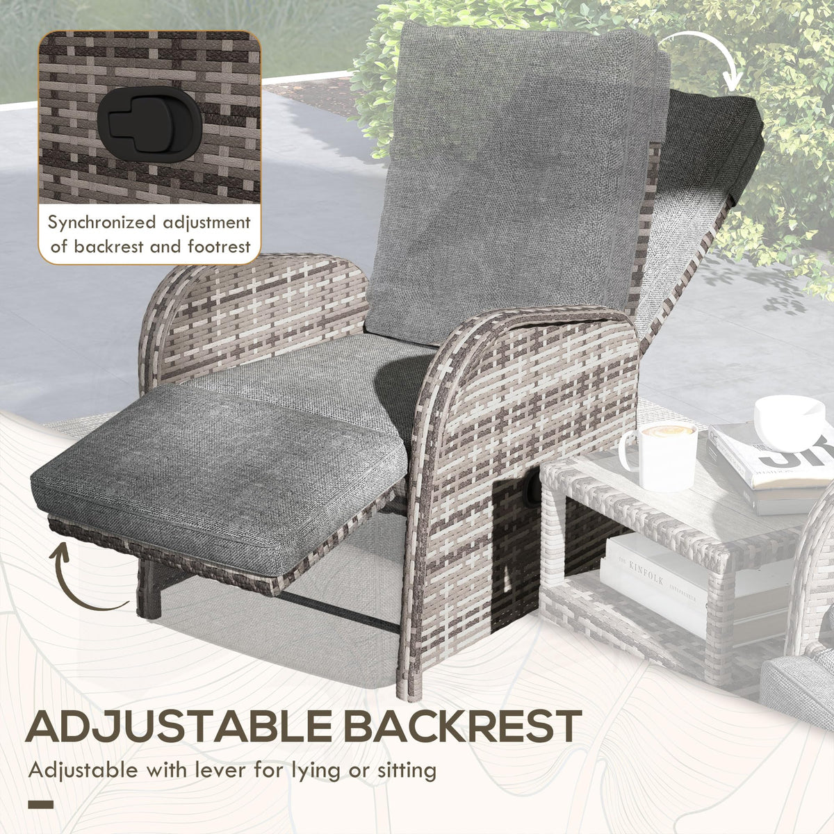 3-Piece Rattan Garden Bistro Set with Reclining Chairs & Coffee Table