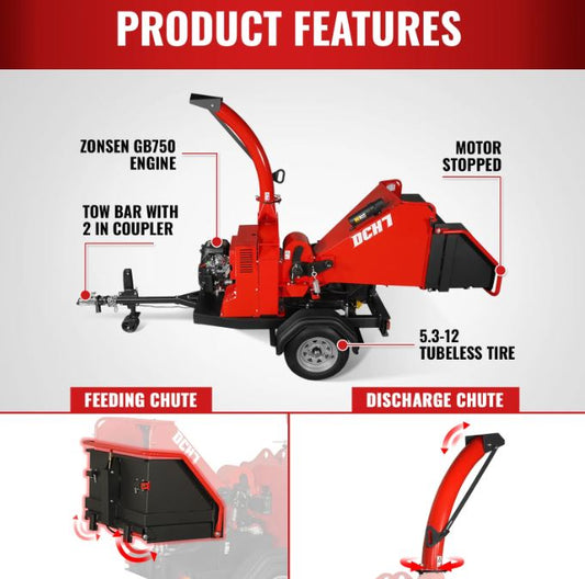 25hp 750cc Twin Cylinder ZONSEN Petrol Engine 7" Hydraulic Feeding Wood Chipper, DCH7