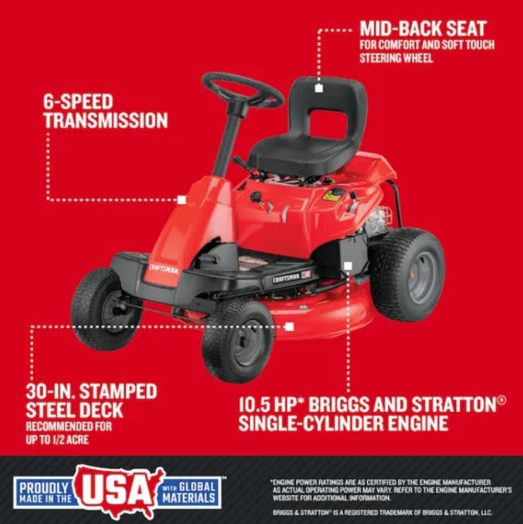 Craftsman 30″ 10.5 HP 344cc 6-Speed Riding Lawn Mower