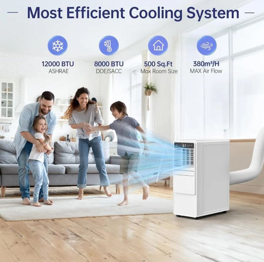 12000 BTU Portable Air Conditioner with Cooling, Fan, Dehumidifier, Sleep Mode & Remote Control