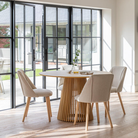 Willow Pale Oak Dining Table Set - 4 Seater - Freya Sand Dining Chairs - Whitewash Legs